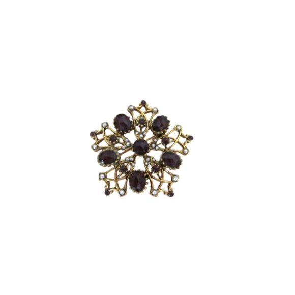 ART Jewelry - Vintage Gold-Tone Brooch With Garnet Color Rhinestones & Faux Pearls Floral Desi